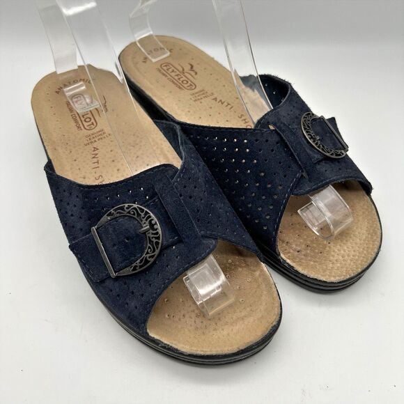 Fly Flot Blue Suede Anti Shock Anatomic Slide Cushioned Sandals Women US 8 Italy - Picture 1 of 11
